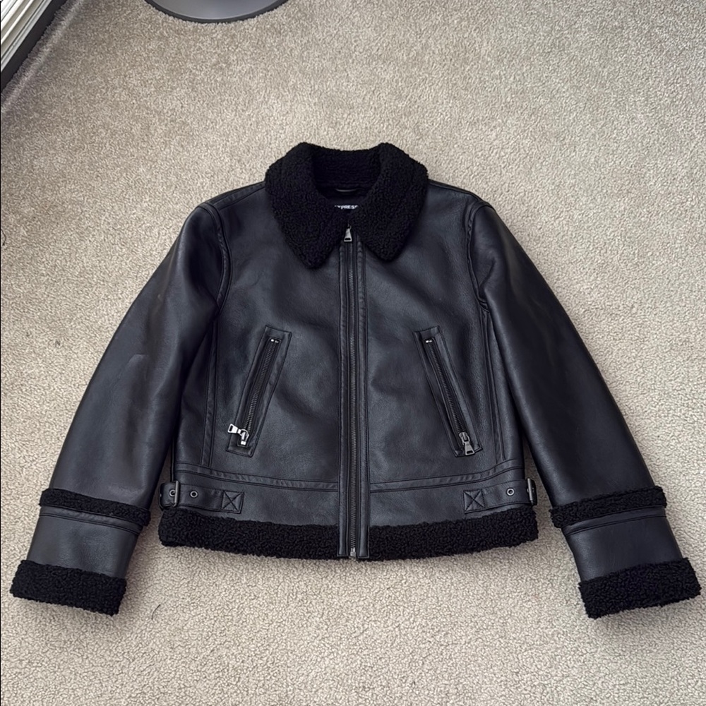 Black Faux Leather & Sherpa Jacket